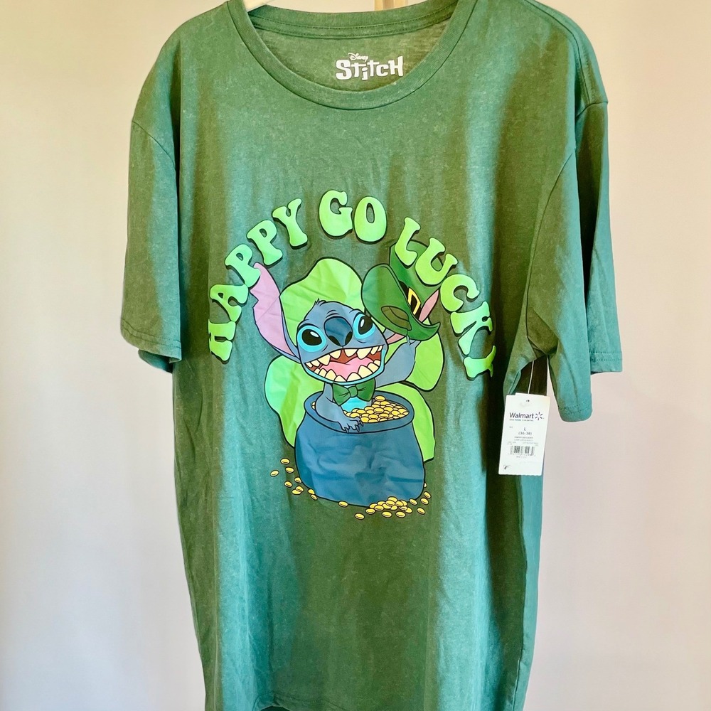 Disney Stitch Mens St Patricks Day Happy‎ Go Lucky Green Mineral Wash T-Shirt XL